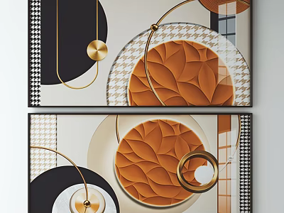 Modern Abstract Wall Art With Geometric Patterns Golden Circles And Textured Orange Designs 3d model