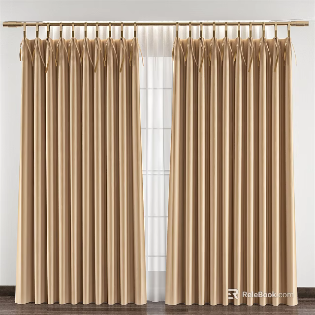 Beige Pleated Fabric Curtains With Sheer Liner For Elegant Window Decoration 3d model 
