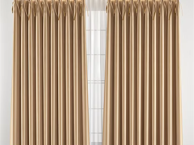 Beige Pleated Fabric Curtains With Sheer Liner For Elegant Window Decoration 3d model