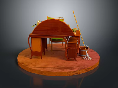 Household Items Display With Wooden Dressing Table Chair Mop And Bucket 3d model