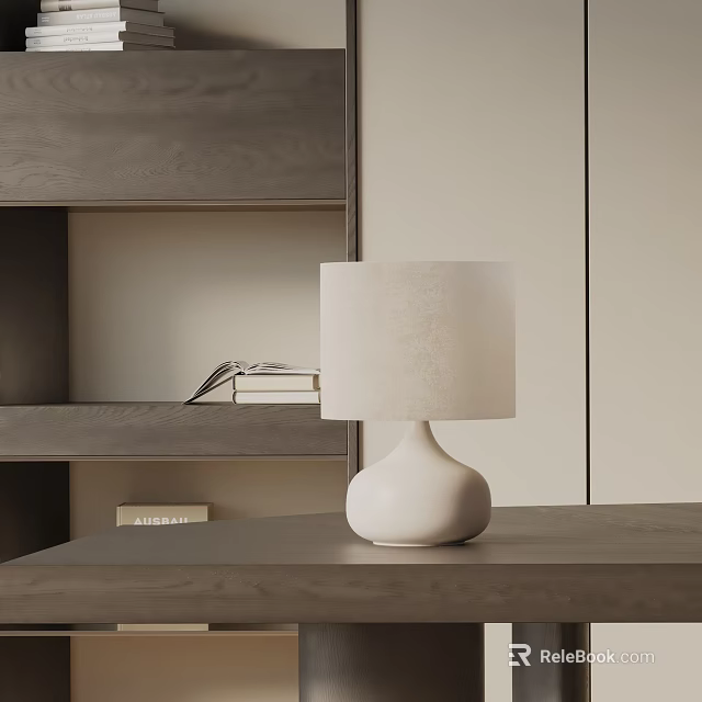 Modern White Table Lamp with Fabric Shade on Wooden Desk and Bookshelf with Books 3d model 