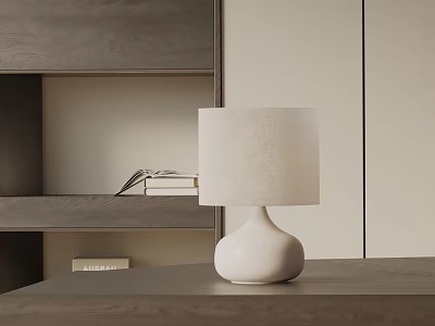 Modern White Table Lamp with Fabric Shade on Wooden Desk and Bookshelf with Books 3d model