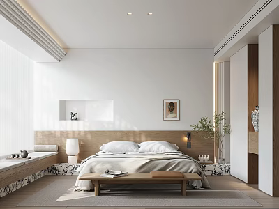 Modern Minimalist Bedroom With White Walls Wooden Elements Bay Window Seating Wall Art And Plants 3d model