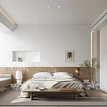 Modern Minimalist Bedroom With White Walls Wooden Elements Bay Window Seating Wall Art And Plants