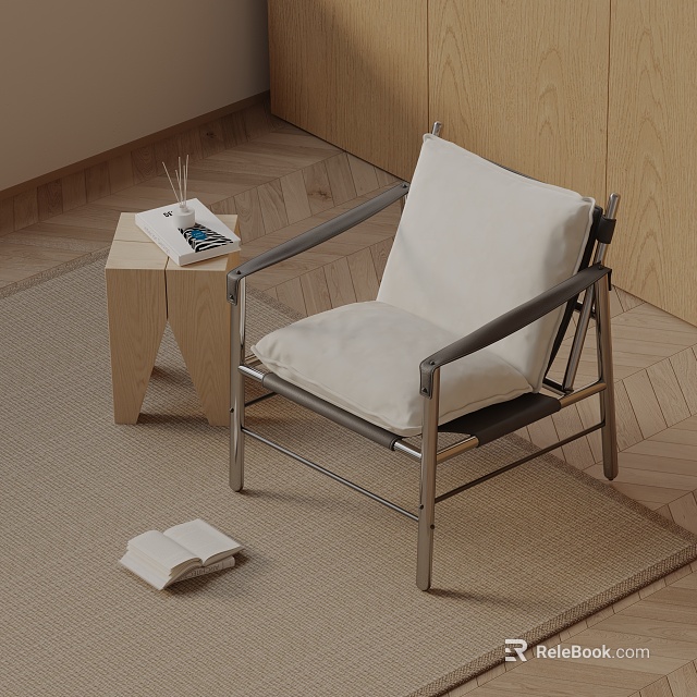 Modern Leisure Chair with White Cushion Metal Frame and Wooden Side Table on Rug 3d model 
