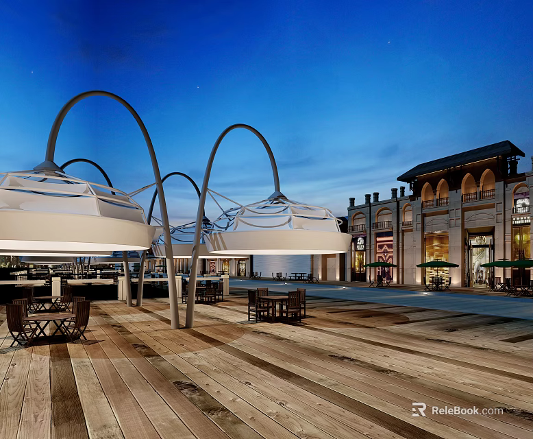 Twilight Commercial Street Scene with White Curved Canopies Wooden Deck Tables Chairs and Illuminated Buildings 3d model 