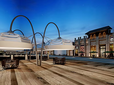 Twilight Commercial Street Scene with White Curved Canopies Wooden Deck Tables Chairs and Illuminated Buildings 3d model