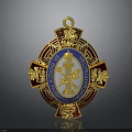 Intricate Sculptural Carving of Gold Framed Blue Badge with Decorative Elements