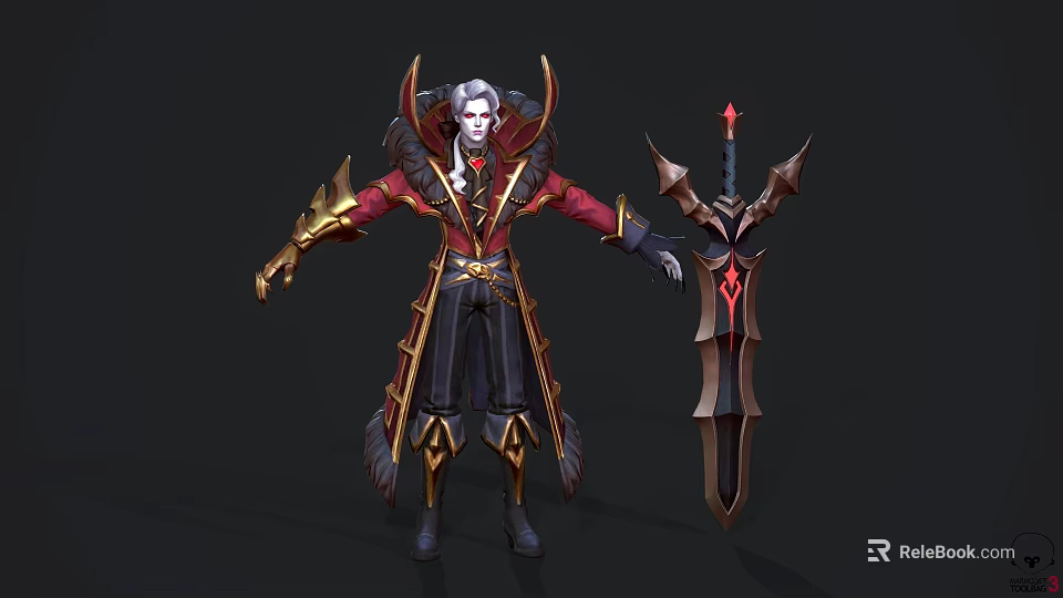 Game Movie Character With Red And Gold Robe Winged Shoulder Armor And Red Gem Sword 3d model 
