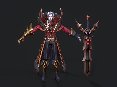Game Movie Character With Red And Gold Robe Winged Shoulder Armor And Red Gem Sword 3d model