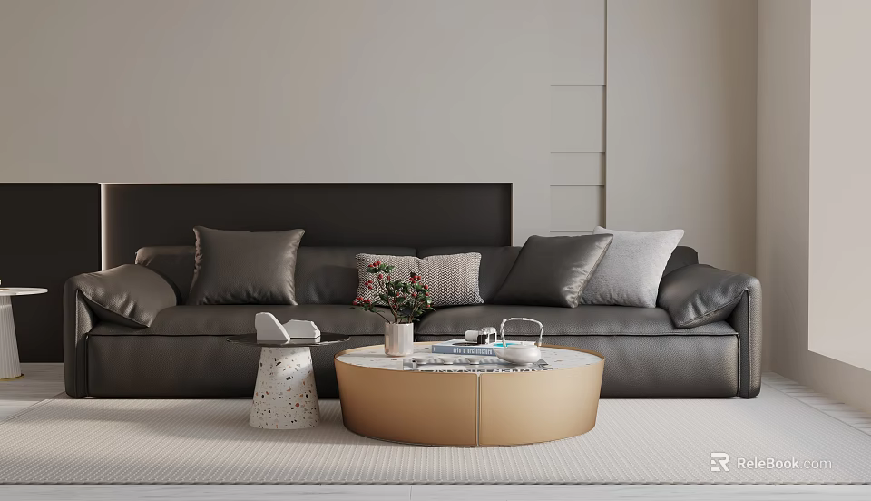 Leather Three Seater Sofa In Modern Living Room With Accent Pillows And Gold Round Coffee Table 3d model 
