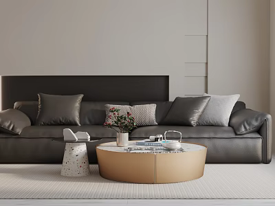 Leather Three Seater Sofa In Modern Living Room With Accent Pillows And Gold Round Coffee Table 3d model