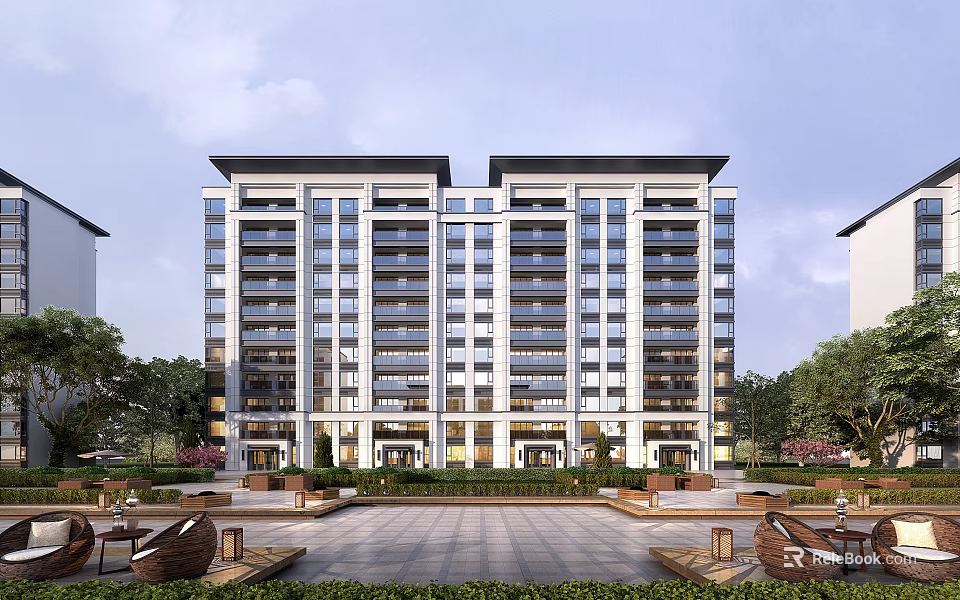 Modern High Rise Residential Building With Courtyard Greenery And Leisure Areas 3d model 
