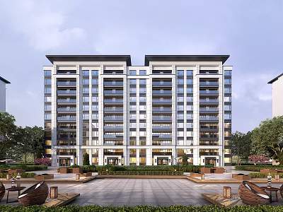 Modern High Rise Residential Building With Courtyard Greenery And Leisure Areas 3d model
