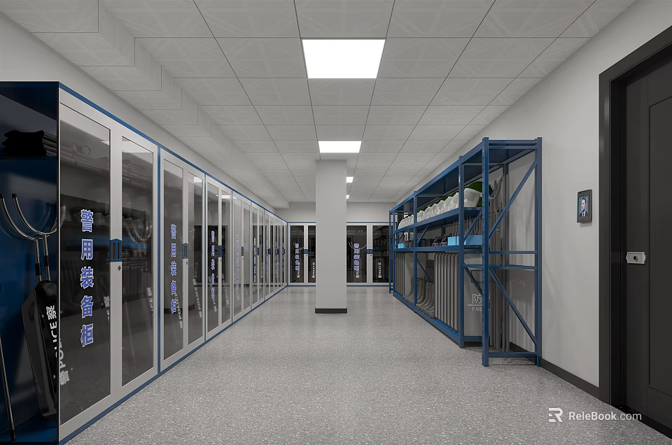 Storage Corridor With Glass Door Cabinets Metal Shelves Gray Flooring And Ceiling Lights 3d model 