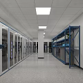 Storage Corridor With Glass Door Cabinets Metal Shelves Gray Flooring And Ceiling Lights