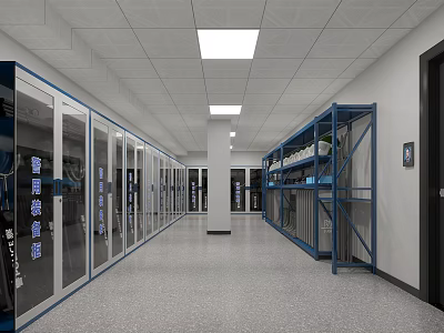 Storage Corridor With Glass Door Cabinets Metal Shelves Gray Flooring And Ceiling Lights 3d model