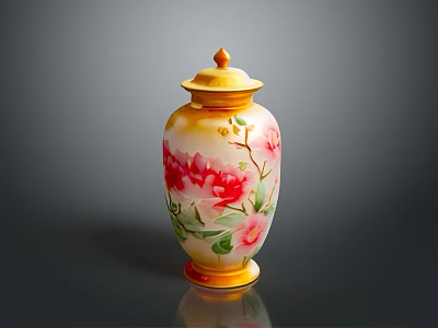 Hand Carved Ceramic Vase With Yellow Lid And Red Pink Floral Patterns 3d model