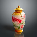 Hand Carved Ceramic Vase With Yellow Lid And Red Pink Floral Patterns
