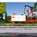 Orange Music Note And Horse Shape Sculpture In Outdoor Park With Trees Water Area