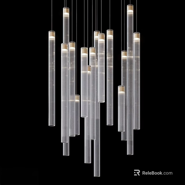Modern Hanging Transparent Cylindrical Chandelier With Multiple Elongated Glass Light Tubes 3d model 