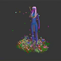 Blue Skinned Fantasy Movie Character Standing Amidst Colorful Flowers With Spear And Butterflies