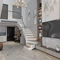 Elegant New Chinese Style Living And Dining Room With Loft Staircase And Exquisite Decor