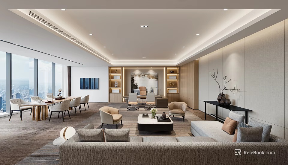 Modern Office Interior With Open Layout Sofa Coffee Table Bookshelves And Floor to Ceiling Windows 3d model