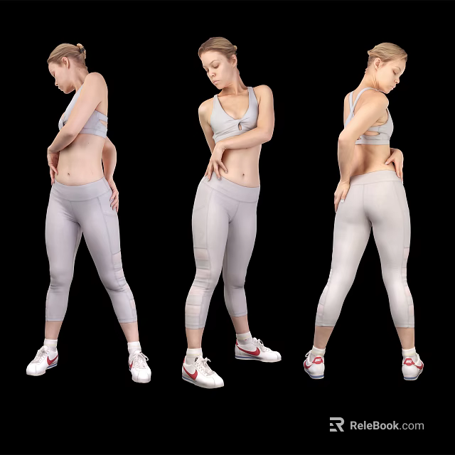 Athletic Woman In Gray Sports Bra Leggings And White Sneakers Three Angles 3d model 
