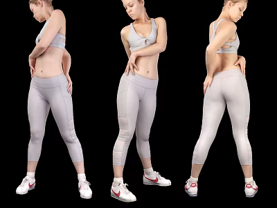 Athletic Woman In Gray Sports Bra Leggings And White Sneakers Three Angles 3d model