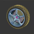 Car Tire With Green Five Spoke Wheel Rim And Metallic Tread Design