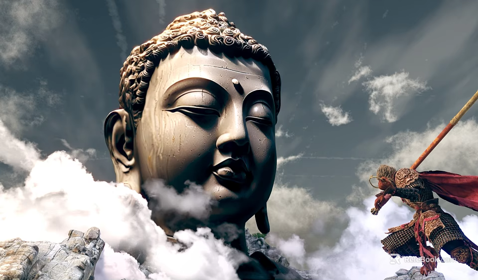Cartoon Scene Featuring Giant Buddha Head Surrounded by Clouds and Little Monkey Character 3d model 