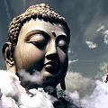 Cartoon Scene Featuring Giant Buddha Head Surrounded by Clouds and Little Monkey Character