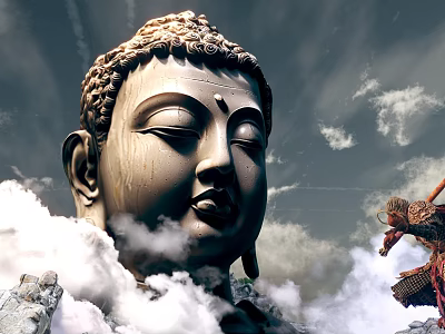 Cartoon Scene Featuring Giant Buddha Head Surrounded by Clouds and Little Monkey Character 3d model