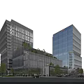 Modern Office Buildings With Glass Curtain Walls Rooftop Greenery Trees Around Urban Street And Vehicles