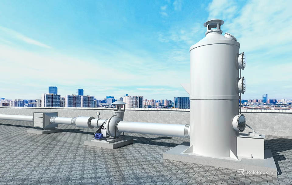 Industrial Rooftop Equipment Featuring White Cylindrical Tank Pipes and City Skyline 3d model 
