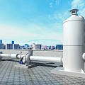 Industrial Rooftop Equipment Featuring White Cylindrical Tank Pipes and City Skyline