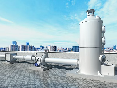 Industrial Rooftop Equipment Featuring White Cylindrical Tank Pipes and City Skyline 3d model