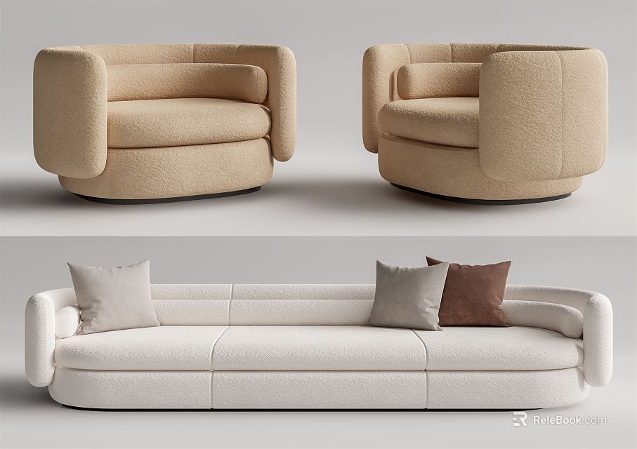Stylish Sofa Set Featuring Two Beige Armchairs And White Three Seater With Cushions 3d model 