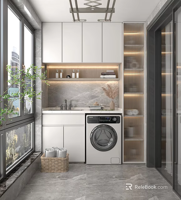 Modern Home Balcony Design With White Cabinets Washing Machine Shelves Green Plants And Natural Light 3d model 