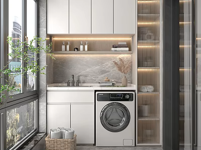Modern Home Balcony Design With White Cabinets Washing Machine Shelves Green Plants And Natural Light 3d model