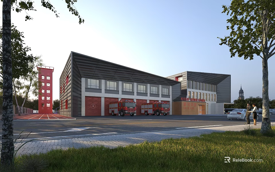 Modern Fire Station Exterior With Red Fire Trucks Multiple Garage Doors And Green Trees 3d model 