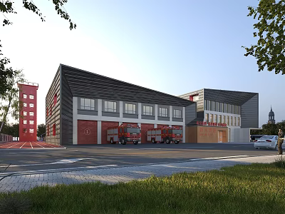 Modern Fire Station Exterior With Red Fire Trucks Multiple Garage Doors And Green Trees 3d model