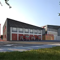 Modern Fire Station Exterior With Red Fire Trucks Multiple Garage Doors And Green Trees