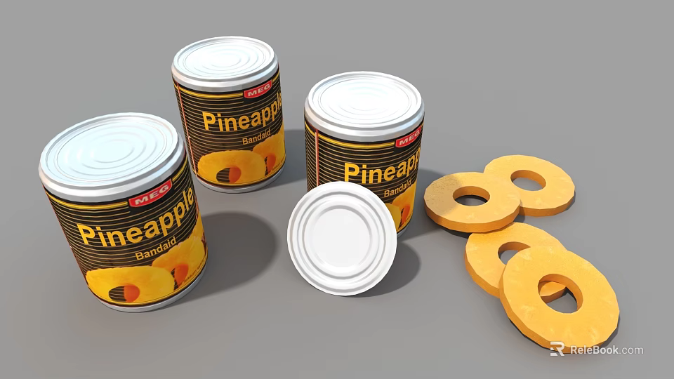 Pineapple Cans With Open Lids And Fresh Pineapple Rings On 3d model 