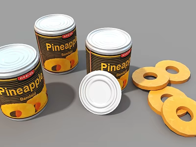 Pineapple Cans With Open Lids And Fresh Pineapple Rings On 3d model