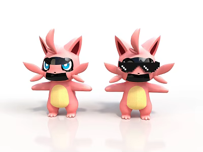 Cute Pink Cartoon Characters With Big Ears Yellow Belly Blue And Black Glasses 3d model