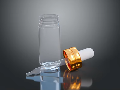 Clear Glass Empty Bottle With Gold Cap And Dropper Tool On Black Surface 3d model