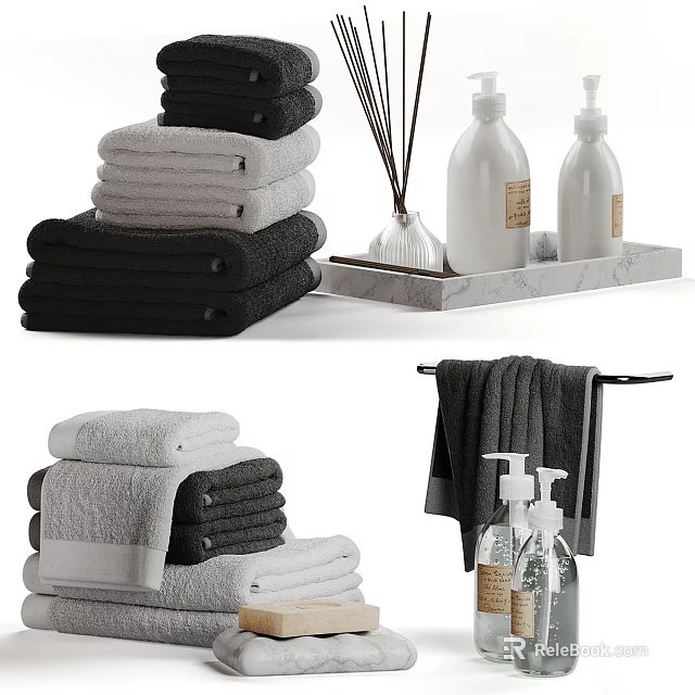 Modern Bathroom Accessories Set With Stacked Towels Marble Tray And Soap Dispensers 3d model 