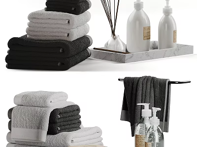 Modern Bathroom Accessories Set With Stacked Towels Marble Tray And Soap Dispensers 3d model